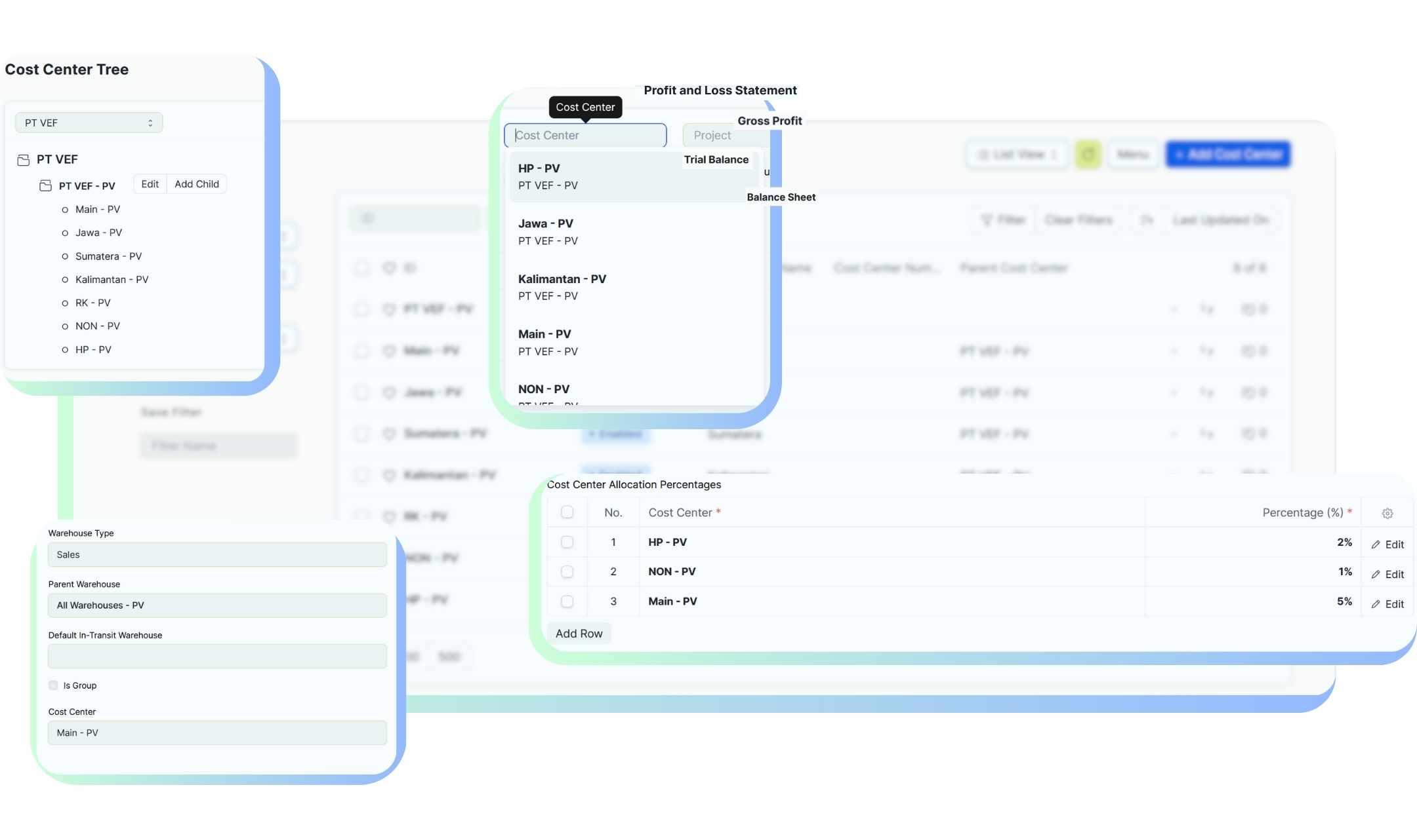 Mendukung multi-cost center untuk pemisahan & analisa pos biaya/pendapatan di semua laporan keuangan